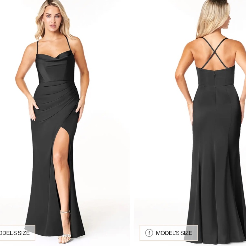 Azazie Black Strappy Cowl Neck Slit Evening/Bridesmaid Dress